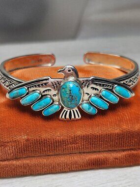 Turquoise Thunderbird Eagle Bracelet Rhodium Sterling BBJ 925 Orig $213